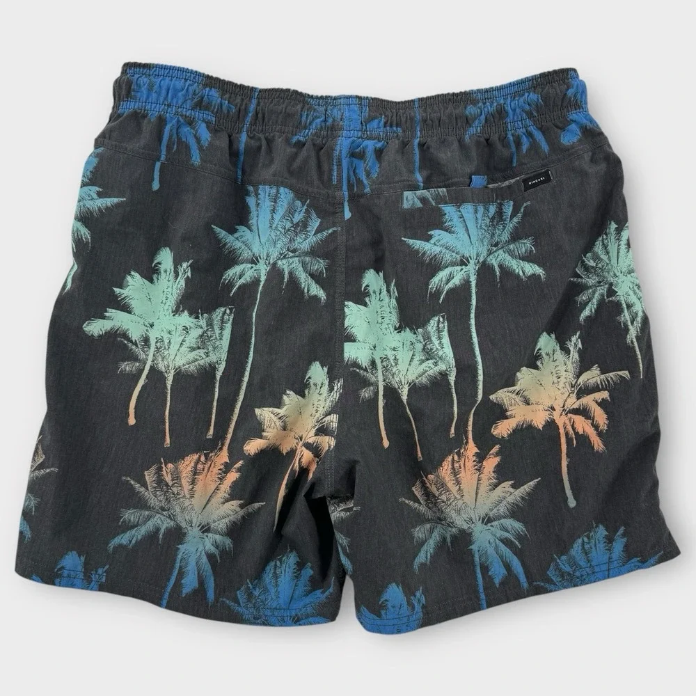 Rip Curl Lay Days Shorts Mens XL Palm Tree Print Gray Elastic Waist Board Shorts